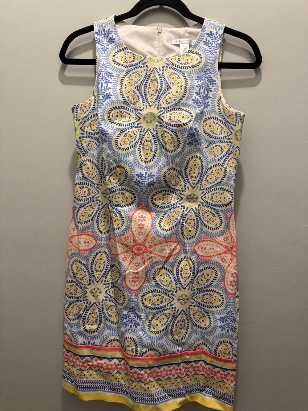 London Times Sleeveless Floral Medallion Mini Dress in Blue, Yellow & Coral